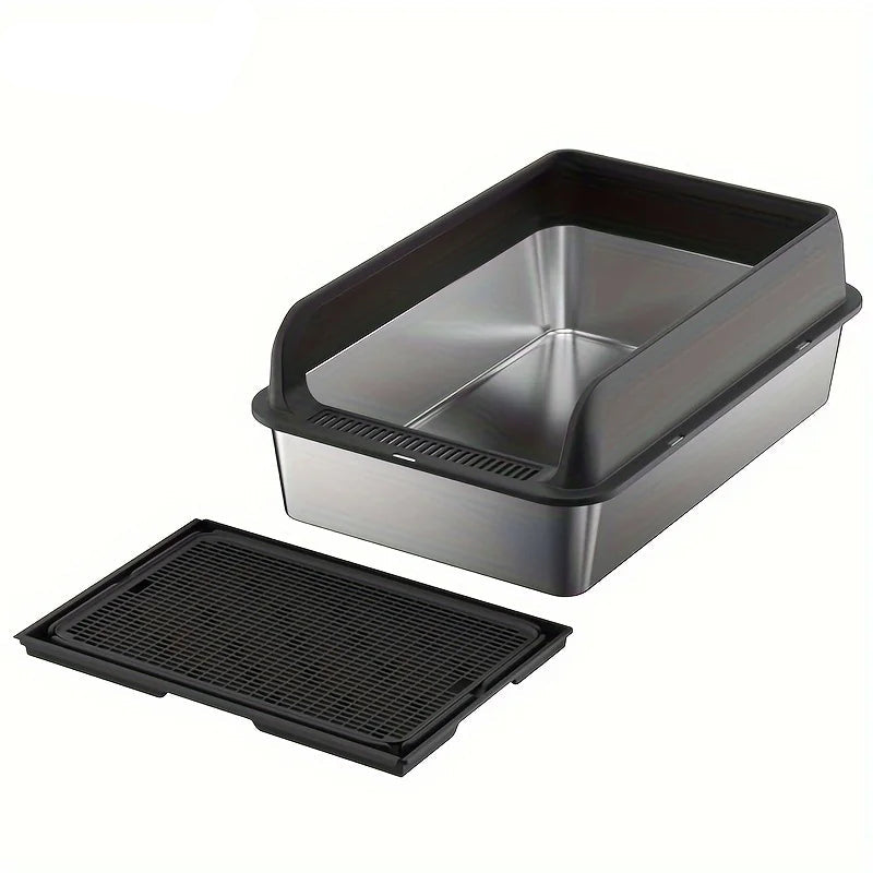 KEMORELA EXtra Large Stainless Steel Cat Litter Box with Lid - Enclosed LitterPan High-Sided Resistant Leak-Proof Cat Litter Mat