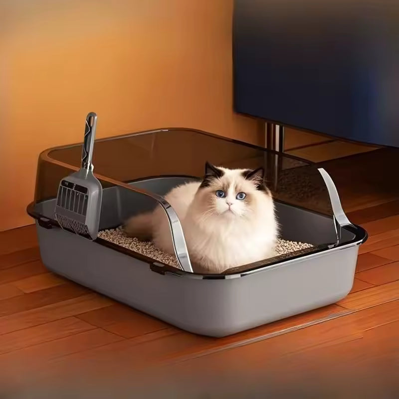 Semi-Enclosed Cat Litter Box Splashproof Kitten Toilet Tray Pet Cleaning Basin with High Sides for Indoor Use