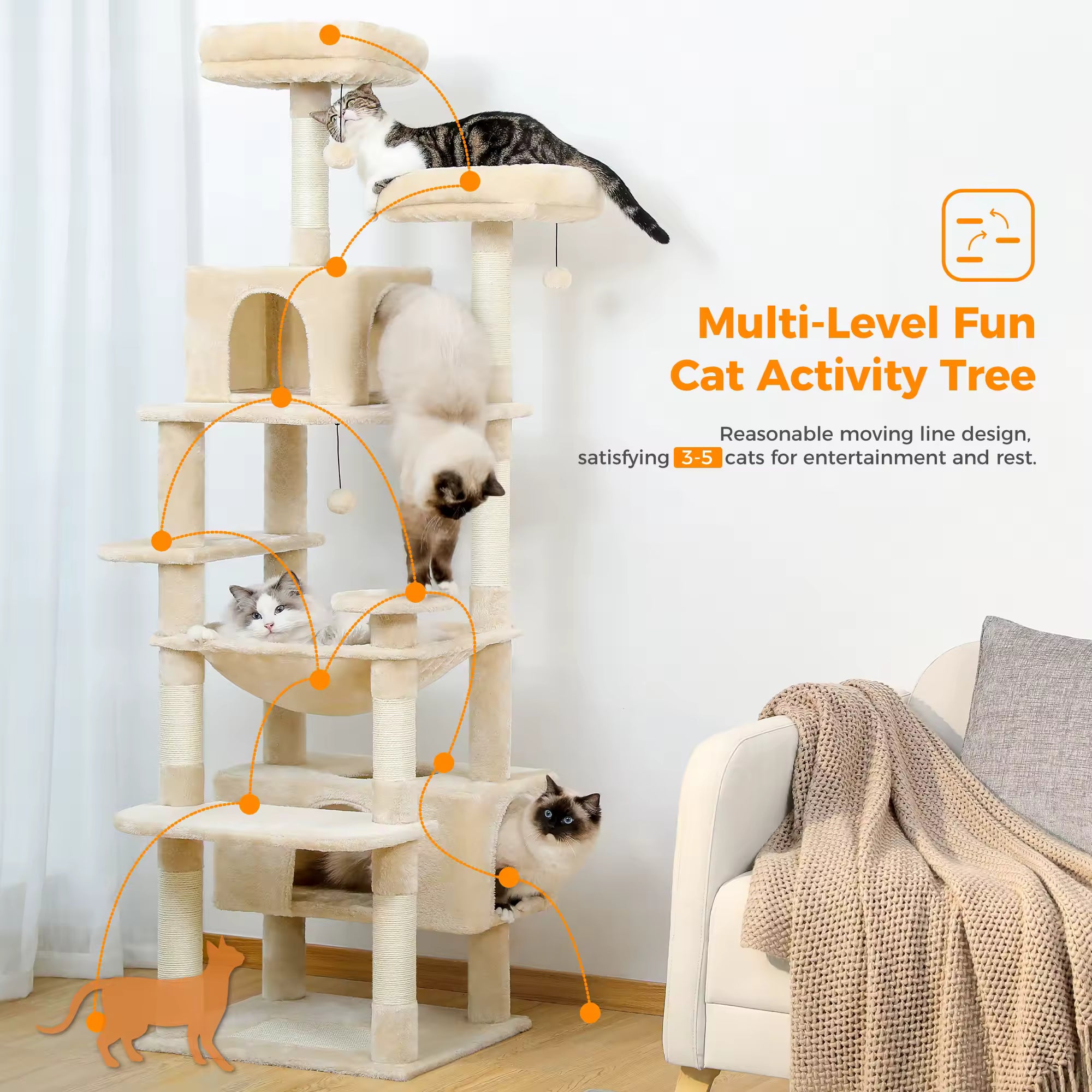 Large Cat Tree and Tower for Indoor Cats With Sisal-Covered Scratching Posts Spacious Hammock Padded Perches and Condos Cat Toys